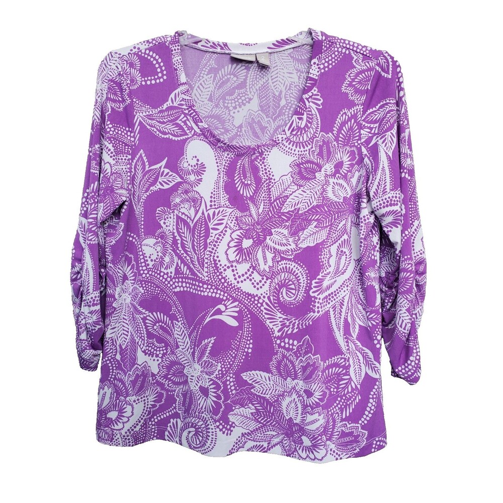 Chico's Stretchy Purple Paisley Scoop Neck Ruched Sleeve Top Size 2 Large
